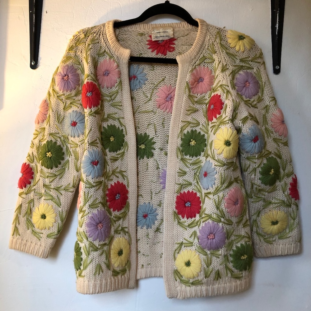 Vintage 100% Virgin Wool Embroidered Cardigan, S